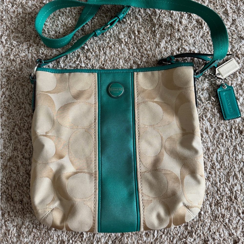 Authentic Coach Tan and Green Crossbody Bag
